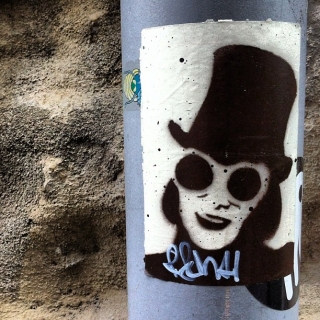 #streetart #stencil of #willywonka on #sticker #slaps in #zurich